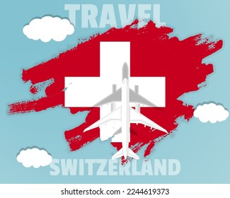 Traveling to Switzerland, top view passenger plane on Switzerland flag with clouds and weather, country tourism banner idea, vector design, brush splash