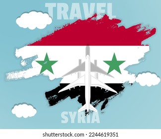 Traveling to Syria, top view passenger plane on Syria flag with clouds and weather, country tourism banner idea, vector design, brush splash