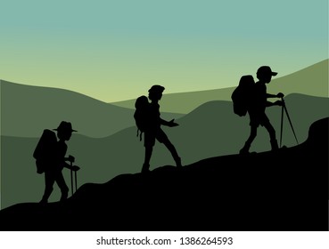 traveling teenagers try to climb the mountain for vector illustration