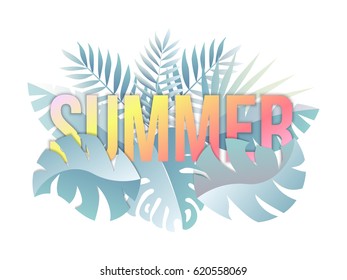 Traveling template poster. Vector illustration of summer vacation background with palm trees.
