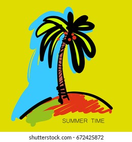Traveling template poster, vector illustration. Bright, colorful background with palm.