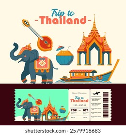 Traveling to Thailand. Elephant, Boat, harp and gate cartoon elements. Suitable for events and holidays