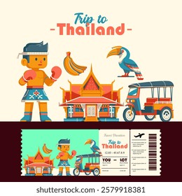 Traveling to Thailand. Muay Thai, Rickshaw, Hornbill and House cartoon elements. Suitable for events and holidays