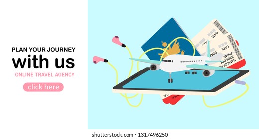 Traveling theme banner. Creative banner and landing page concept in a flat style. Online traveling agency or tour operator promotional material template.