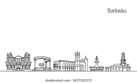 Traveling through the streets of Barbados. Panorama of the streets of the island, which attracts tourists. Black and white line illustration. Isolated vector.