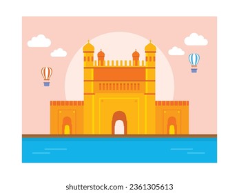 Traveling time, business tour to famous buildings in India, with air balloons and beautiful architecture. Character design. Vector flat illustration