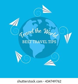 Traveling tips. Travel the world. Tourist journey advertising banner, guide for summer vacation. Template for trip flyer, brochure layout. World day of tourism background. Vector Illustration.