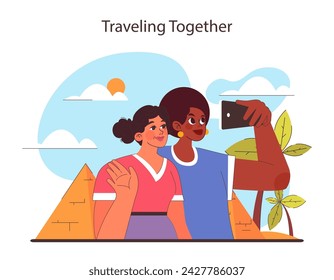 Traveling Together concept. Friends capturing memories with a selfie in front of iconic pyramids. Enjoying shared adventures in new destinations. Cultural exploration. Flat vector illustration.