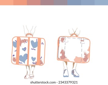 Traveling together. The couple packed their bags. We are going on vacation for the holidays. Abstract painting for the journey. Delicate palette of colors
