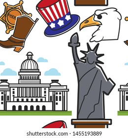 Traveling and tourism American symbols and architecture seamless pattern vector Liberty statue and Washington capitol hat and cowboy, boots eagle profile endless texture USA monuments and garments.
