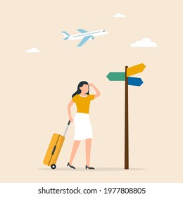 Traveling, tourism, holiday, choice concept. Female character with luggage traveling by plane. Active lifestyle and recreation. Vector illustration.