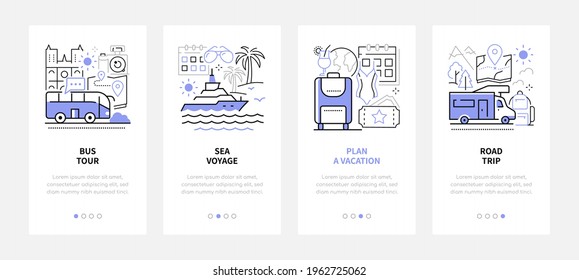 Traveling and tourism - modern line design style web banners with copy space for text. Bus tour, sea voyage, plan a vacation, road trip carousel posts. Images of baggage, tickets, vehicles, map
