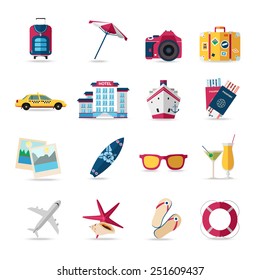 Traveling, tourism, vacation icons set. Flat style design. Vector illustration.