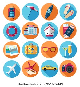 Traveling, Tourism, Vacation Icons Set. Flat Style Design. Vector Illustration.