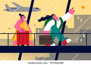 Traveling, tourism, vacations concept. Two young positive girls friends with suitcases ready for traveling walking in airport waiting for flight vector illustration 