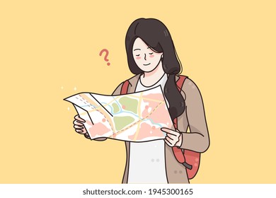 Traveling, tourism, vacations concept. Young smiling girl traveler tourist standing with map and trying to understand where to go vector illustration 