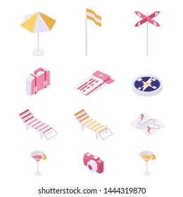 Traveling, tourist equipment illustration set. Beach day items, essentials for tourists and foreign travelers isometric vector collection. Deck chairs, cocktails, luxury resort attribute 3d concept