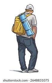 Traveling tourist man standing outdoors, back view, colorful realistic freehand drawing, vector illustration isolated on white background