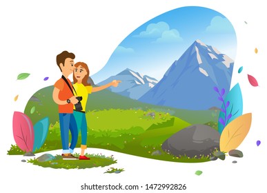Traveling, tourists couple photo camera, mountain landscape vector. Wild nature and romantic weekend, active pastime and outdoor activity, photographs. Mountain tourism. Flat cartoon