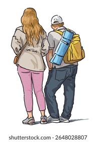 Traveling tourists couple standing outdoors, back view, colorful realistic freenahd drawing, vector illustration isolated on white background