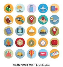 Traveling and transport Flat icon set with long shadow hotel, compass, maps, reception call, plane ticket, boarding pass, camping tent, hot air balloon