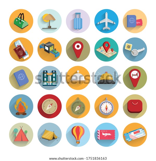 Traveling and transport Flat icon set with long\
shadow hotel, compass, maps, reception call, plane ticket, boarding\
pass, camping tent, hot air\
balloon