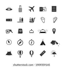 Traveling and transport icon set with hotel, compass, maps, reception call, plane ticket, boarding pass, camping tent, hot air balloon