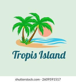 Traveling, travel, beach and palm trees on island with wave, logo template. Journey, recreation and vacation at resort and tropical islands, vector design, nature illustration