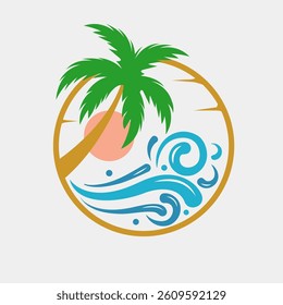 Traveling, travel, beach and palm trees on island with wave, logo template. Journey, recreation and vacation at resort and tropical islands, vector design, nature illustration