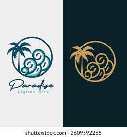 Traveling, travel, beach and palm trees on island with wave, logo template. Journey, recreation and vacation at resort and tropical islands, vector design, nature illustration