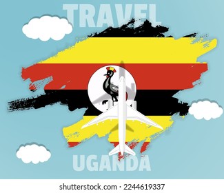 Viajando a Uganda, avión de pasajeros de primera vista en la bandera de Uganda con nubes y clima, idea de banner de turismo de país, diseño de vectores, salpicaduras de pincel