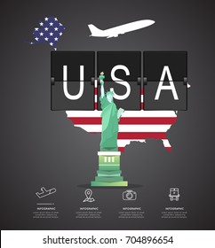 Traveling to USA with statue of liberty and map of infographic