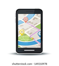 Traveling using application with location pins where points of interest are located. Route planning using GPS on smart phone. 