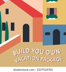 Traveling and vacation, build your own trip with routes and sites you want to see. Package from agency, holidays and weekends spending. Active rest and sightseeing on streets. Vector in flat style