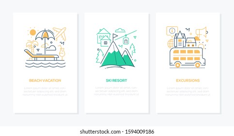 Traveling and vacation concept - line design style banners with place for text. Beach and ski resort, excursions themes. Linear illustrations with icons. Images of sunbed, mountains, double-decker bus