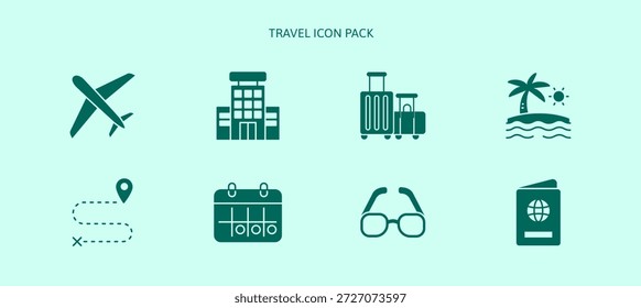 Ícones de viagem incluem voo de avião, hotel de aluguel, praia de praia, saco de bagagem, localização navegação GPS pin, calendário, acessórios de óculos de sol, passaporte e reserva.