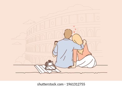 Traveling and vacation in Rome concept. Young couple sitting backwards having trip romantic vacation to Italy Rome drinking coffee hugging vector illustration 