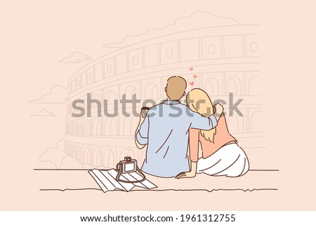 Traveling and vacation in Rome concept. Young couple sitting backwards having trip romantic vacation to Italy Rome drinking coffee hugging vector illustration 