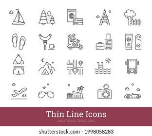 Traveling, vacation thin line icons. Tourism, transport linear vector interface pictograms. Vector set include icons: travel destination, road trip, summer holidays, sea journey. Editable strokes.