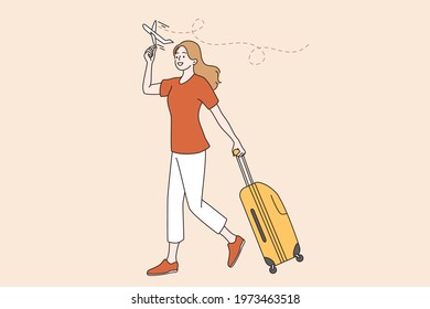 Traveling and vacations during covid-19 pandemic concept. Young woman walking with suitcase ready for flight during quarantine vector illustration 