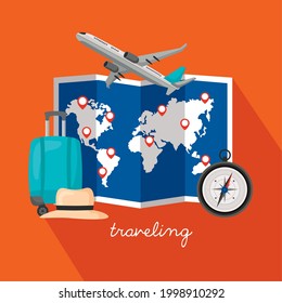 traveling vacations with map and icons