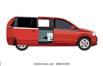 traveling van car with open door flat vector illustration isolated on white background