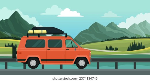 Traveling van and mountains background: travel and van life concept