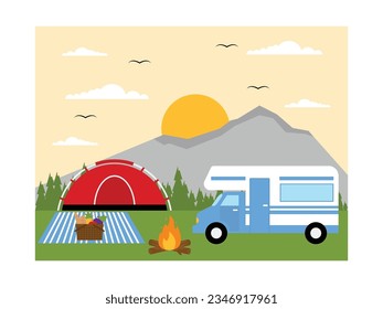 Traveling in a van, staying at a campground during summer holidays, pitching a tent and lighting a bonfire, vector illustration.