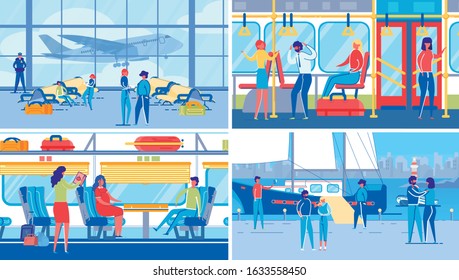 Traveling with Various Ground, Air and Water Transports Kinds - Backgrounds Set. People Cartoon Characters in Railway Train and Sea Port, in Airport Departure Hall Interior. Flat Vector Illustration.