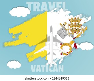 Traveling to Vatican, top view passenger plane on Vatican flag with clouds and weather, country tourism banner idea, vector design, brush splash