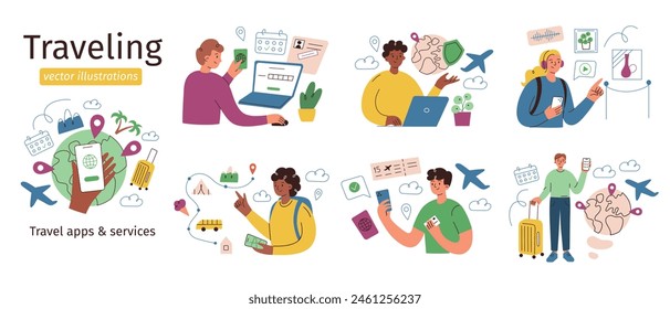 Traveling vector compositions, tourists planning trip, buying tickets, booking hotel, set of characters using travel apps, cartoon scenes with travelers, illustrations of vacation situations