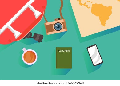 Traveling vector concept: top down view of traveling objects over the green background