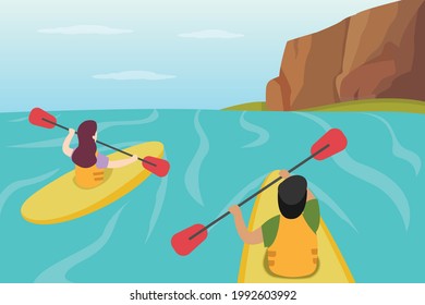 Traveling vector concept: Young couple enjoying holiday while playing on the river with canoe together 