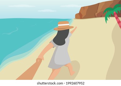 Traveling vector concept: Young woman holding her hand boyfriend while enjoying holiday together in the beach